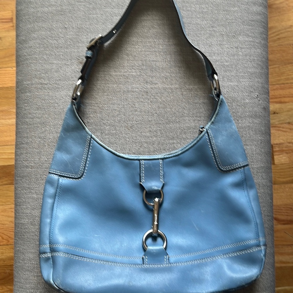 Coach light blue leather handbag with silver hardware